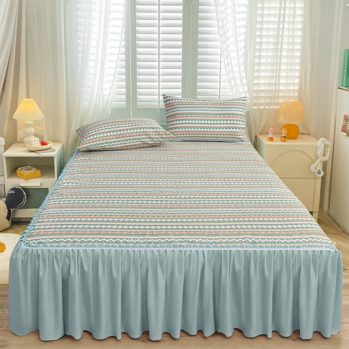 小雨家纺 2026新款原棉老粗布床裙款凉席席子三件套 雅梦静绿