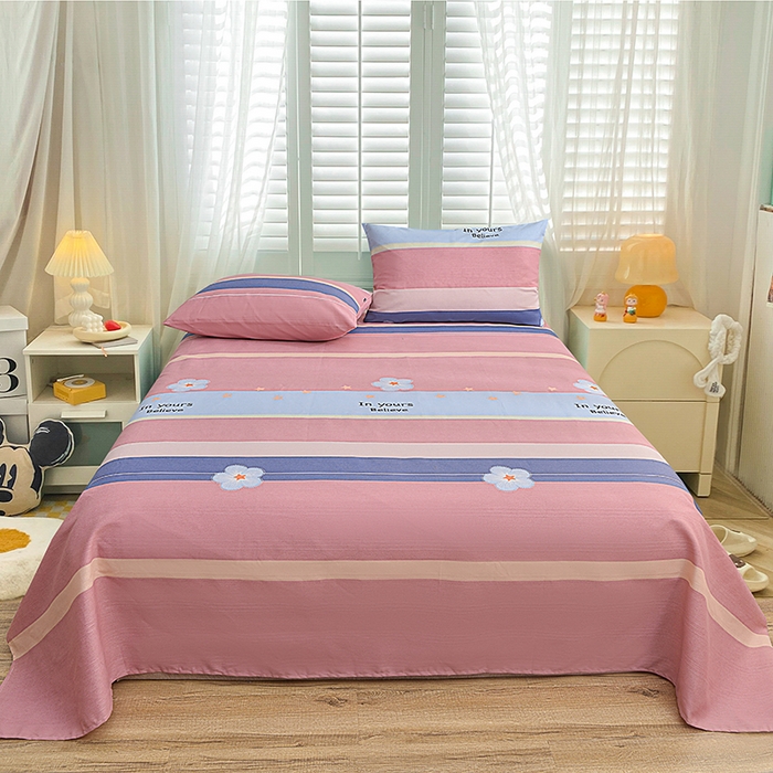 小雨家纺 2026新款原棉老粗布床单款凉席席子三件套 伊甸园粉