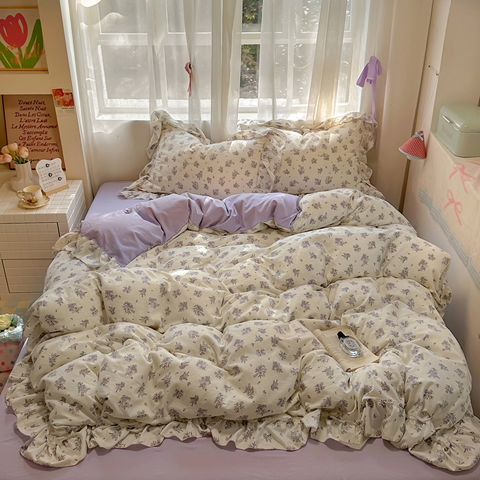 91家纺网 家纺一手货源 找家纺 冕悠家纺 2025新款A类法式花边四件套超柔裸睡级床单被套三件套-风格二+微信提供买家秀 紫苿