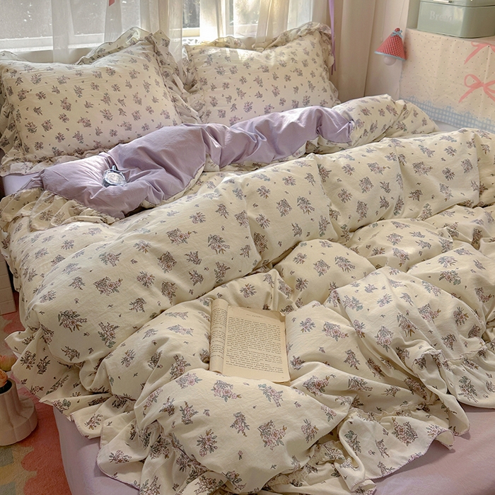 91家纺网 家纺一手货源 找家纺 冕悠家纺 2025新款A类法式花边四件套超柔裸睡级床单被套三件套-风格二+微信提供买家秀 紫苿
