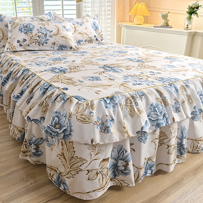 91家纺网 家纺一手货源 找家纺 小雨家纺 【跨境外贸】2026新款芦荟棉韩版花边床裙系列四件套 江山如画兰