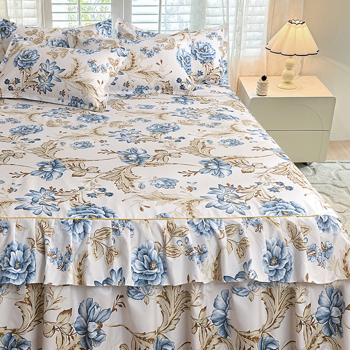 91家纺网 家纺一手货源 找家纺 小雨家纺 【跨境外贸】2026新款芦荟棉韩版花边床裙系列四件套 江山如画兰