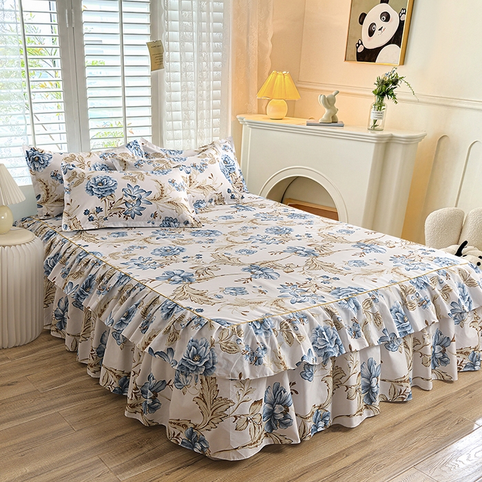 91家纺网 家纺一手货源 找家纺 小雨家纺 【跨境外贸】2026新款芦荟棉韩版花边床裙系列四件套 江山如画兰