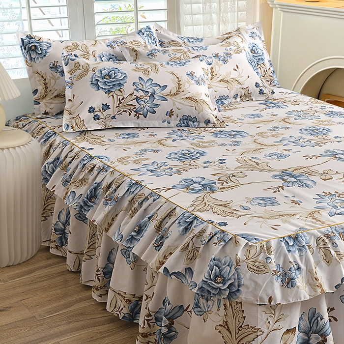 91家纺网 家纺一手货源 找家纺 小雨家纺 【跨境外贸】2026新款芦荟棉韩版花边床裙系列四件套 江山如画兰