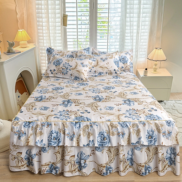 91家纺网 家纺一手货源 找家纺 小雨家纺 【跨境外贸】2026新款芦荟棉韩版花边床裙系列四件套 江山如画兰