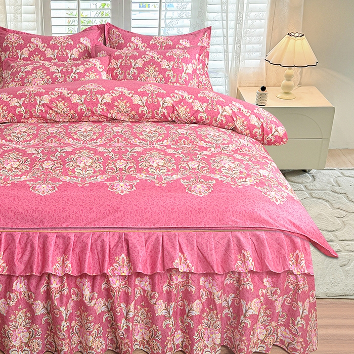 91家纺网 家纺一手货源 找家纺 小雨家纺 【跨境外贸】2026新款芦荟棉韩版花边床裙系列四件套 梦里花都