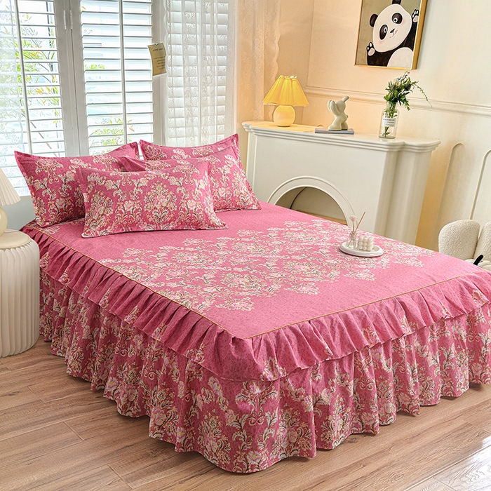 91家纺网 家纺一手货源 找家纺 小雨家纺 【跨境外贸】2026新款芦荟棉韩版花边床裙系列四件套 梦里花都