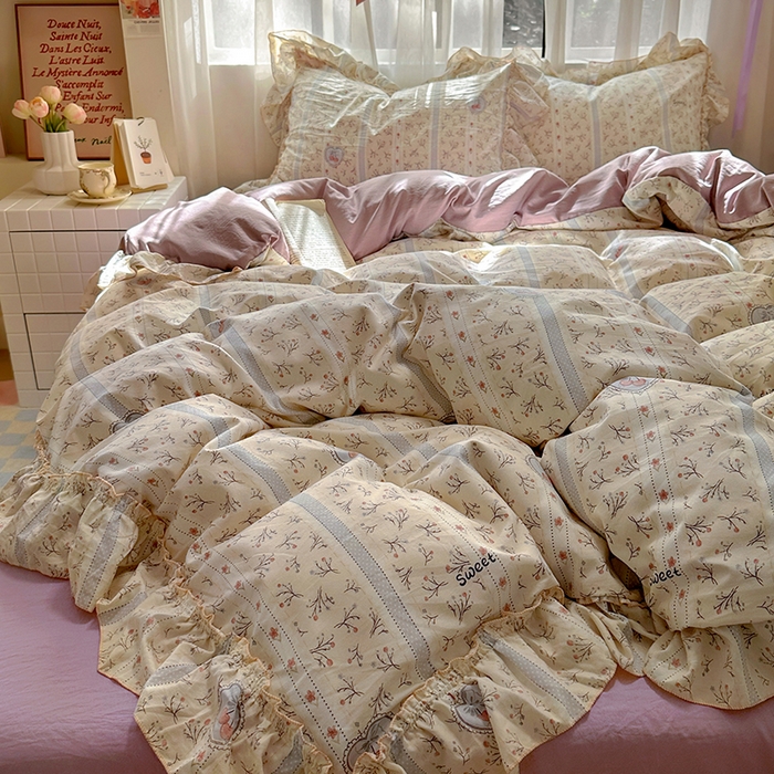 91家纺网 家纺一手货源 找家纺 冕悠家纺 2025新款A类法式花边四件套超柔裸睡级床单被套三件套-风格一+微信提供买家秀 语沁