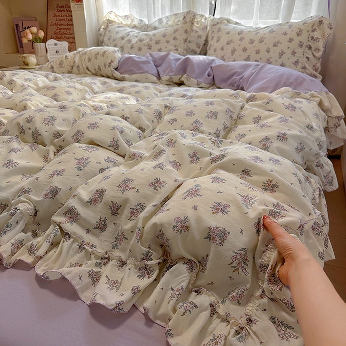 冕悠家纺 2025新款A类法式花边四件套超柔裸睡级床单被套三件套-风格一+微信提供买家秀 紫苿