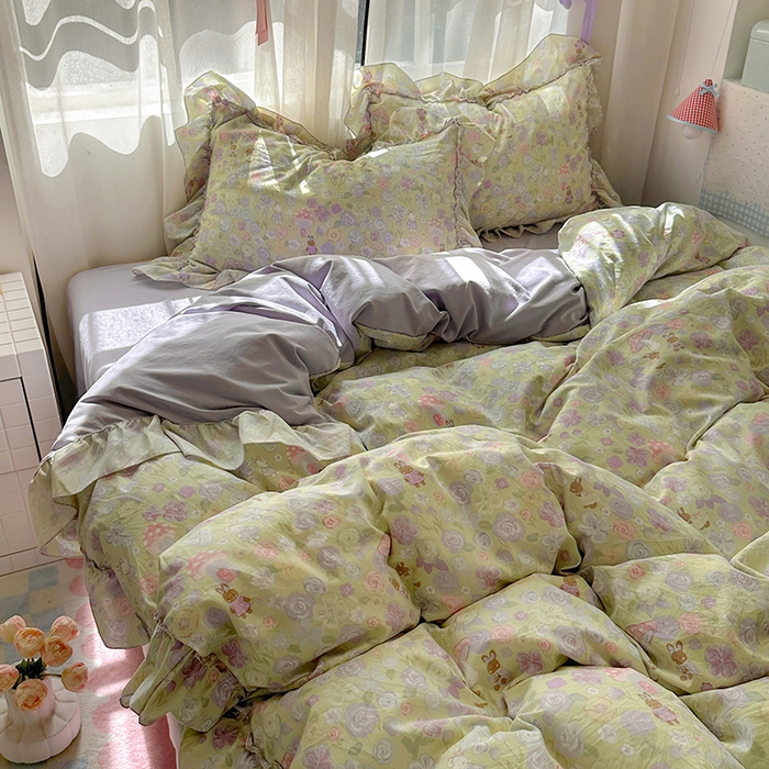 91家纺网 家纺一手货源 找家纺 冕悠家纺 2025新款A类法式花边四件套超柔裸睡级床单被套三件套-风格一+微信提供买家秀 紫栀