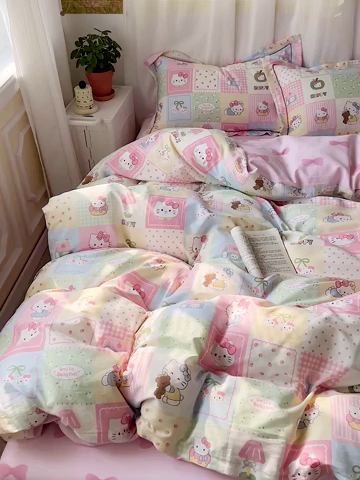 91家纺网 家纺一手货源 找家纺 乐童家纺 2025新款网红直播热款吊边一字绣工艺款四件套 甜心猫咪