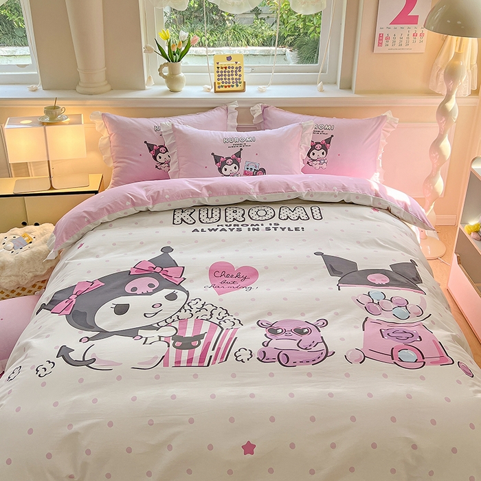 91家纺网 家纺一手货源 找家纺 玉元坊 2025新款三丽鸥白花边被套数码印花大版全棉纯棉卡通三四件套 大版花边-爆米花