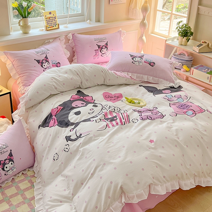 91家纺网 家纺一手货源 找家纺 玉元坊 2025新款三丽鸥白花边被套数码印花大版全棉纯棉卡通三四件套 大版花边-爆米花