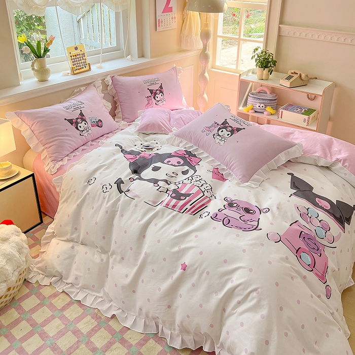 91家纺网 家纺一手货源 找家纺 玉元坊 2025新款三丽鸥白花边被套数码印花大版全棉纯棉卡通三四件套 大版花边-爆米花