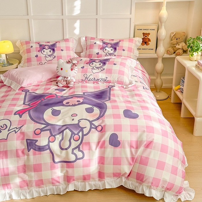 91家纺网 家纺一手货源 找家纺 玉元坊 2025新款三丽鸥白花边被套数码印花大版全棉纯棉卡通三四件套 大版花边-格子库洛米