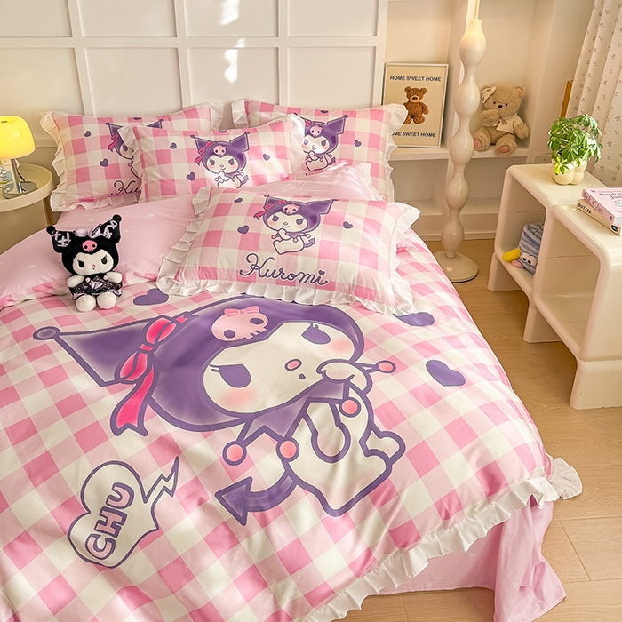 91家纺网 家纺一手货源 找家纺 玉元坊 2025新款三丽鸥白花边被套数码印花大版全棉纯棉卡通三四件套 大版花边-格子库洛米