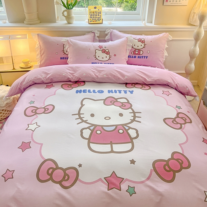 91家纺网 家纺一手货源 找家纺 玉元坊 2025新款三丽鸥白花边被套数码印花大版全棉纯棉卡通三四件套 大版花边-凯蒂