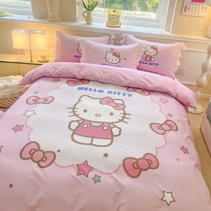 91家纺网 家纺一手货源 找家纺 玉元坊 2025新款三丽鸥白花边被套数码印花大版全棉纯棉卡通三四件套 大版花边-凯蒂