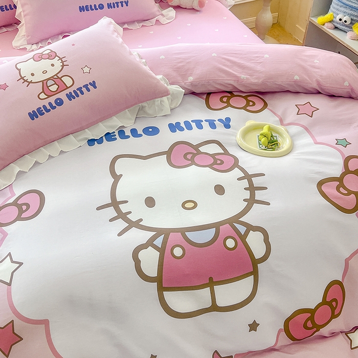 91家纺网 家纺一手货源 找家纺 玉元坊 2025新款三丽鸥白花边被套数码印花大版全棉纯棉卡通三四件套 大版花边-凯蒂