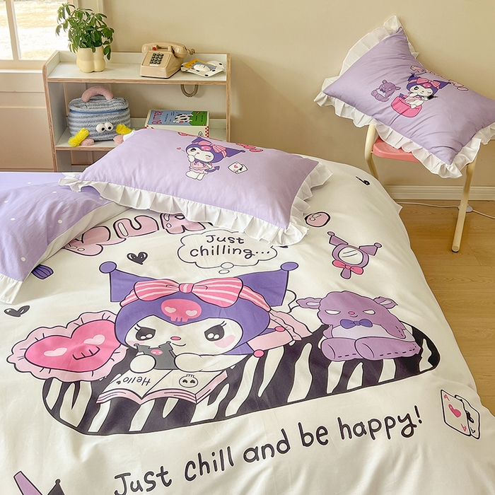 91家纺网 家纺一手货源 找家纺 玉元坊 2025新款三丽鸥白花边被套数码印花大版全棉纯棉卡通三四件套 大版花边-扑克