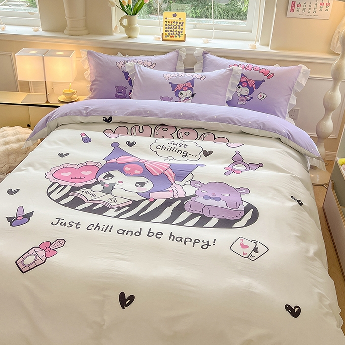 91家纺网 家纺一手货源 找家纺 玉元坊 2025新款三丽鸥白花边被套数码印花大版全棉纯棉卡通三四件套 大版花边-扑克