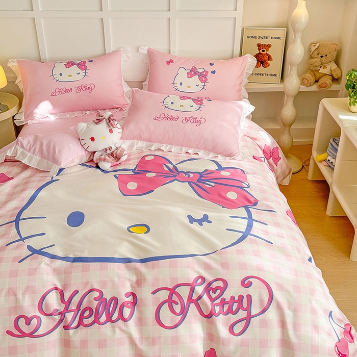 91家纺网 家纺一手货源 找家纺 玉元坊 2025新款三丽鸥白花边被套数码印花大版全棉纯棉卡通三四件套 大版花边-俏皮凯蒂