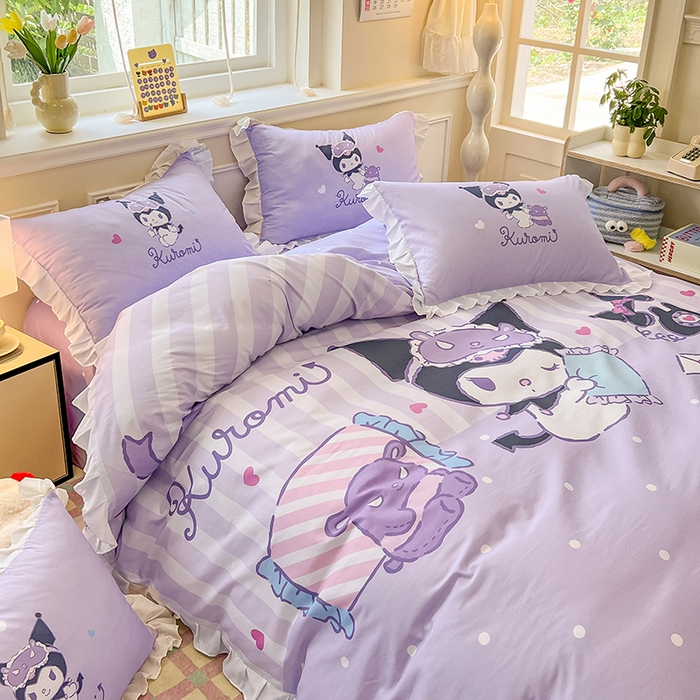 91家纺网 家纺一手货源 找家纺 玉元坊 2025新款三丽鸥白花边被套数码印花大版全棉纯棉卡通三四件套 大版花边-糖果