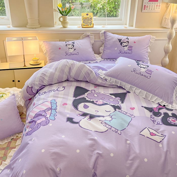 91家纺网 家纺一手货源 找家纺 玉元坊 2025新款三丽鸥白花边被套数码印花大版全棉纯棉卡通三四件套 大版花边-糖果