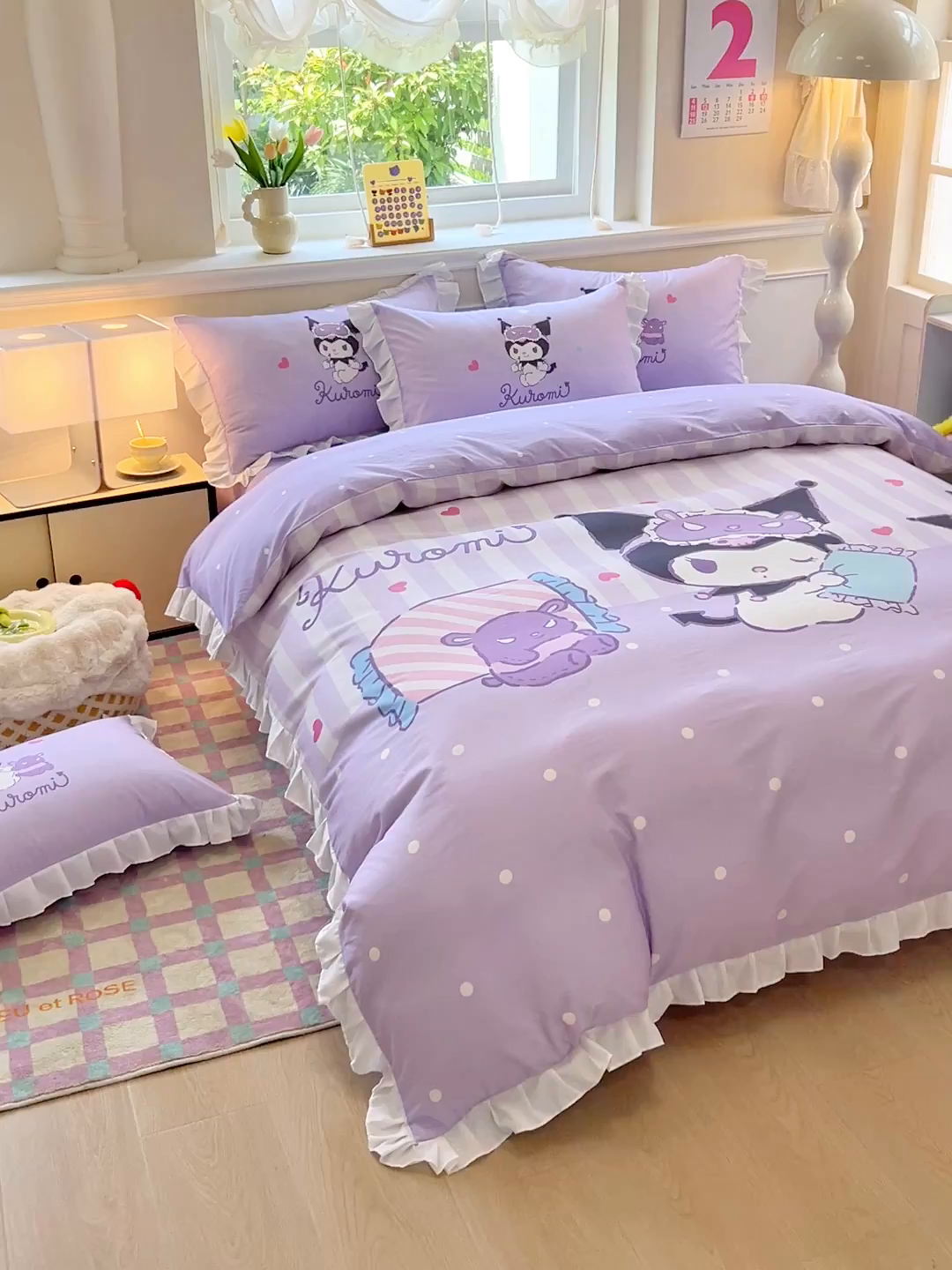 91家纺网 家纺一手货源 找家纺 玉元坊 2025新款三丽鸥白花边被套数码印花大版全棉纯棉卡通三四件套 大版花边-糖果