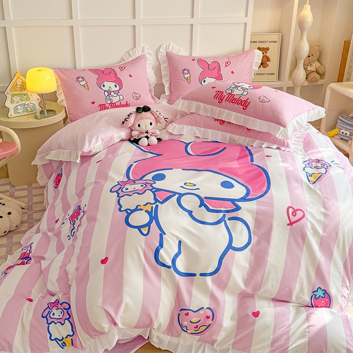 91家纺网 家纺一手货源 找家纺 玉元坊 2025新款三丽鸥白花边被套数码印花大版全棉纯棉卡通三四件套 大版花边-甜筒美乐蒂