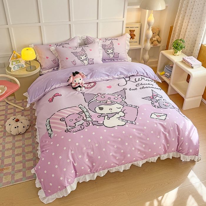 91家纺网 家纺一手货源 找家纺 玉元坊 2025新款三丽鸥白花边被套数码印花大版全棉纯棉卡通三四件套 大版花边-晚安库洛米