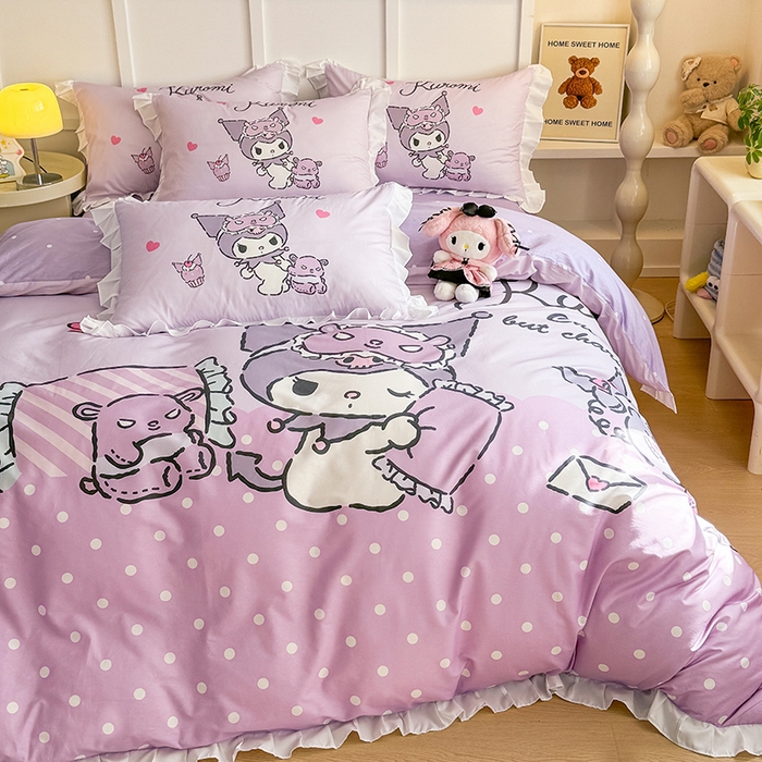 91家纺网 家纺一手货源 找家纺 玉元坊 2025新款三丽鸥白花边被套数码印花大版全棉纯棉卡通三四件套 大版花边-晚安库洛米