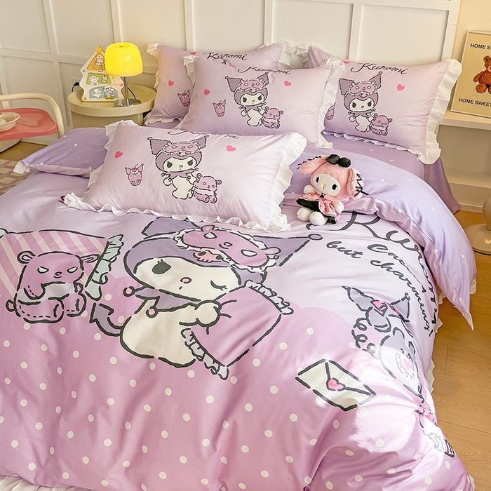 91家纺网 家纺一手货源 找家纺 玉元坊 2025新款三丽鸥白花边被套数码印花大版全棉纯棉卡通三四件套 大版花边-晚安库洛米