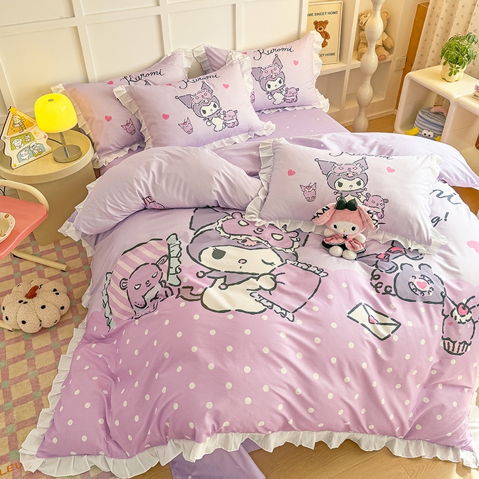 91家纺网 家纺一手货源 找家纺 玉元坊 2025新款三丽鸥白花边被套数码印花大版全棉纯棉卡通三四件套 大版花边-晚安库洛米