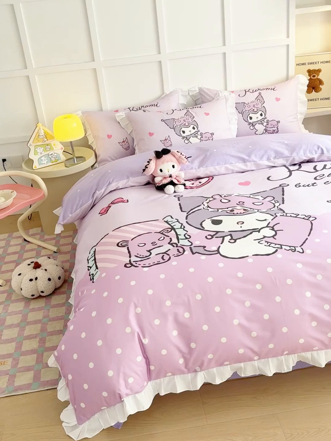 91家纺网 家纺一手货源 找家纺 玉元坊 2025新款三丽鸥白花边被套数码印花大版全棉纯棉卡通三四件套 大版花边-晚安库洛米