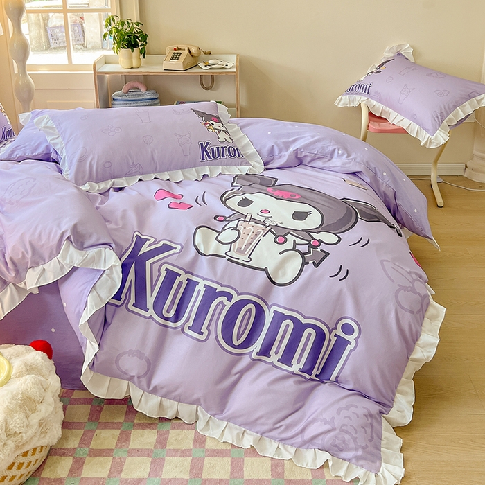 91家纺网 家纺一手货源 找家纺 玉元坊 2025新款三丽鸥白花边被套数码印花大版全棉纯棉卡通三四件套 大版花边-饮料