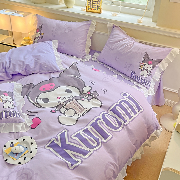 91家纺网 家纺一手货源 找家纺 玉元坊 2025新款三丽鸥白花边被套数码印花大版全棉纯棉卡通三四件套 大版花边-饮料