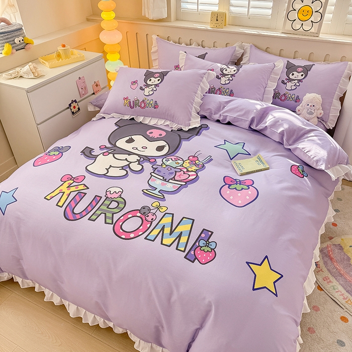 91家纺网 家纺一手货源 找家纺 玉元坊 2025新款三丽鸥白花边被套数码印花大版全棉纯棉卡通三四件套 花边款-草莓库洛米