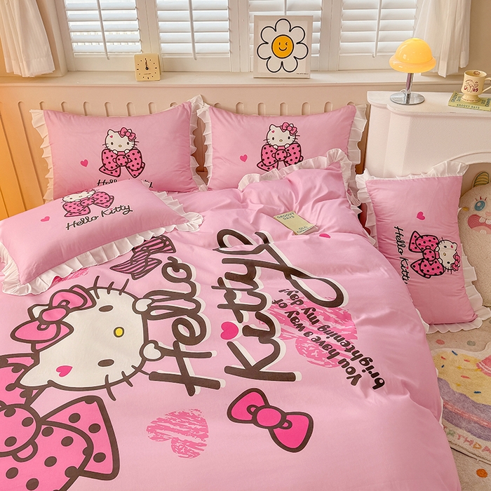 91家纺网 家纺一手货源 找家纺 玉元坊 2025新款三丽鸥白花边被套数码印花大版全棉纯棉卡通三四件套 花边款-凯蒂宝贝