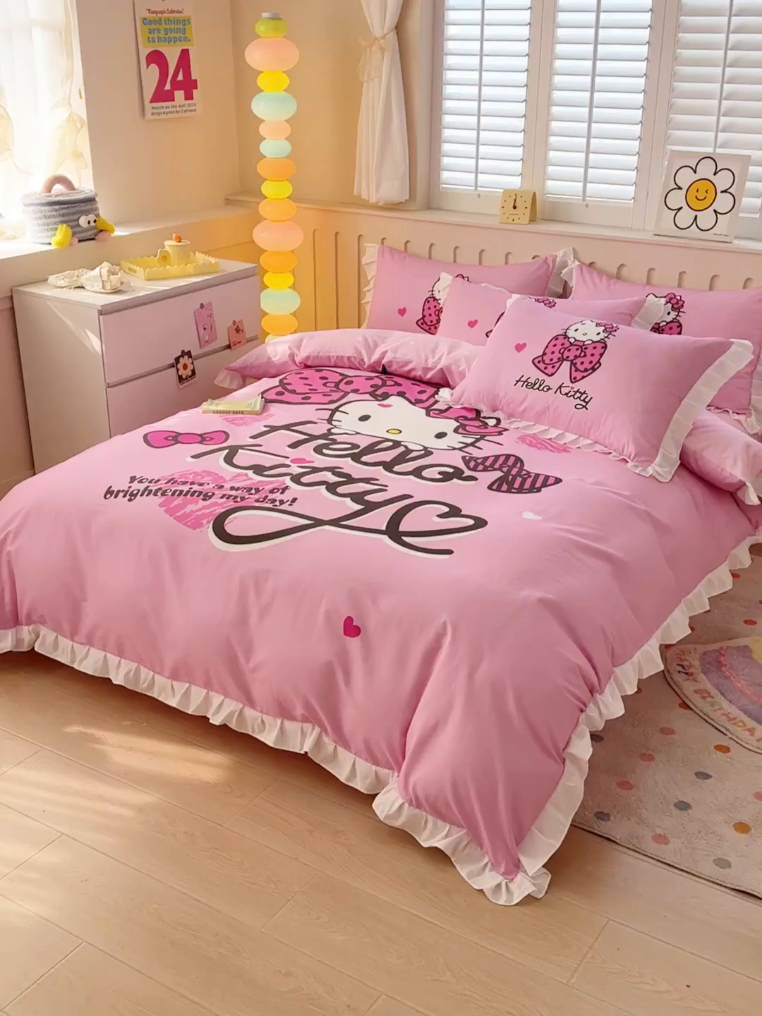 91家纺网 家纺一手货源 找家纺 玉元坊 2025新款三丽鸥白花边被套数码印花大版全棉纯棉卡通三四件套 花边款-凯蒂宝贝