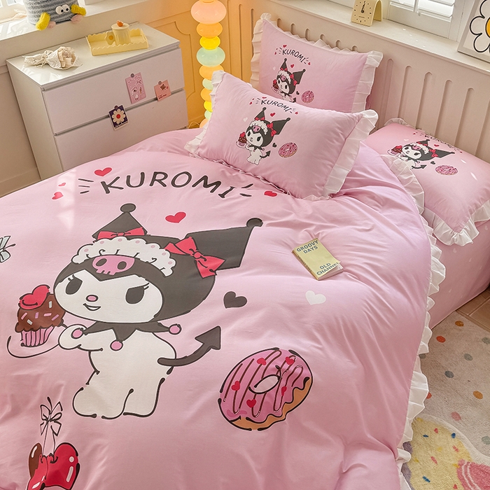 91家纺网 家纺一手货源 找家纺 玉元坊 2025新款三丽鸥白花边被套数码印花大版全棉纯棉卡通三四件套 花边款-美味库洛米