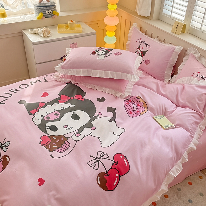 91家纺网 家纺一手货源 找家纺 玉元坊 2025新款三丽鸥白花边被套数码印花大版全棉纯棉卡通三四件套 花边款-美味库洛米