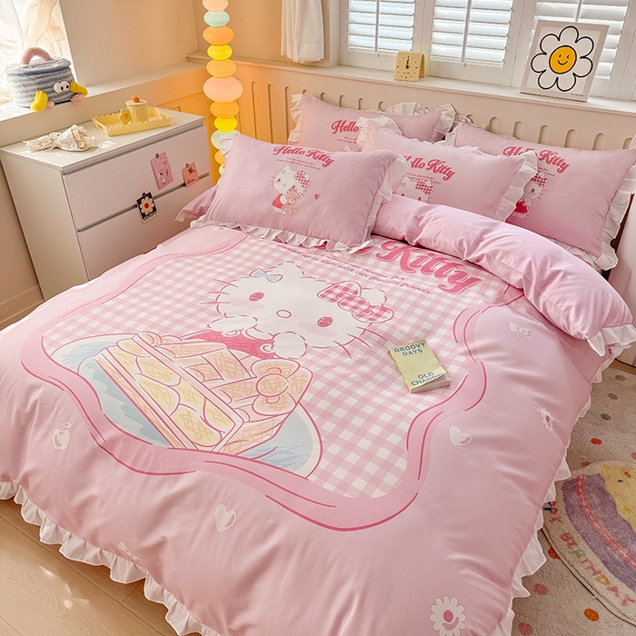 91家纺网 家纺一手货源 找家纺 玉元坊 2025新款三丽鸥白花边被套数码印花大版全棉纯棉卡通三四件套 花边款-心动凯蒂