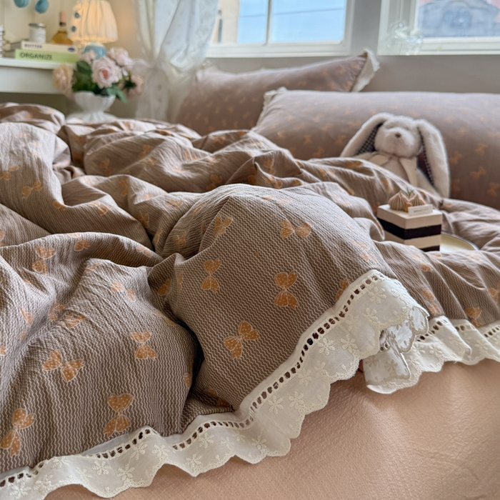 91家纺网 家纺一手货源 找家纺 贝扬思家纺 2025新款云感双层纱镂空花边套件系列 肉桂
