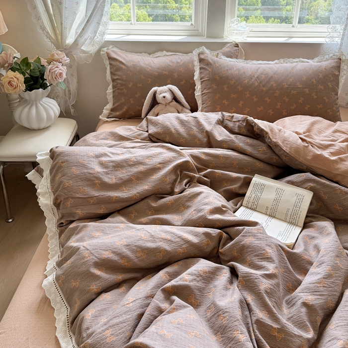 91家纺网 家纺一手货源 找家纺 贝扬思家纺 2025新款云感双层纱镂空花边套件系列 肉桂