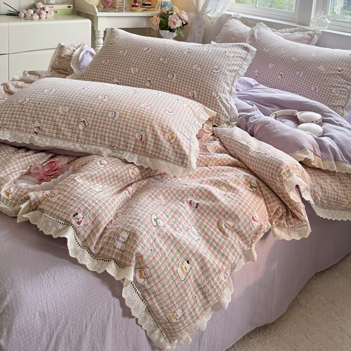 91家纺网 家纺一手货源 找家纺 贝扬思家纺 2025新款云感双层纱镂空花边套件系列 山楂西高地