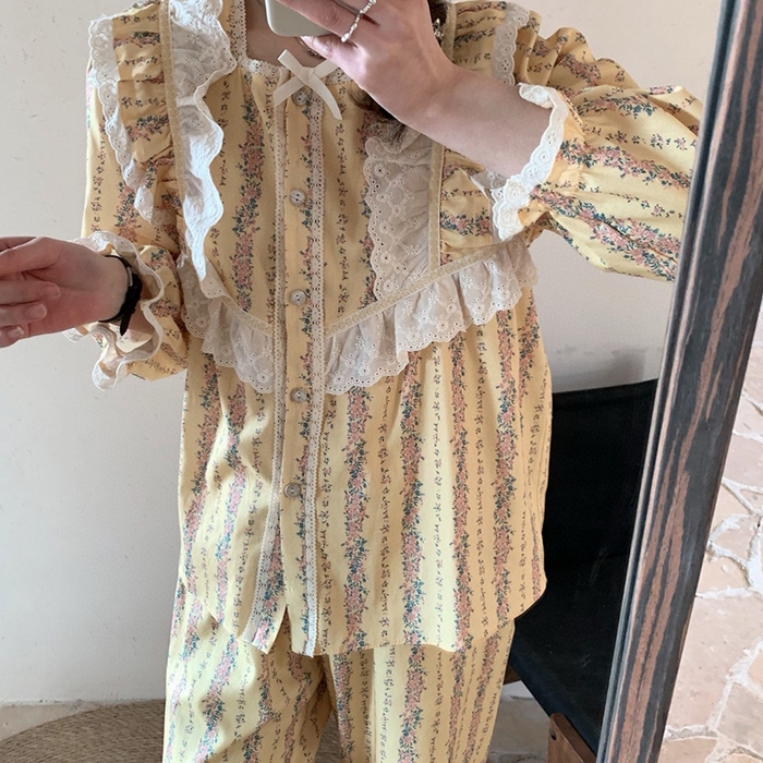 91家纺网 家纺一手货源 找家纺 （总）妍景家居生活馆 2025新款25010 韩系蕾丝花边碎花方领套装