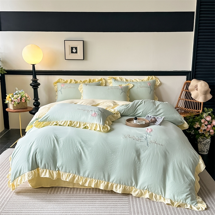 91家纺网 家纺一手货源 找家纺 （总）梦庭帛美 2025新款韩版AB版花边贴布绣花床单床笠四件套