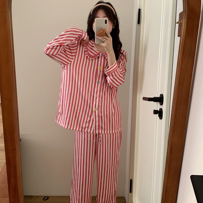 （总）妍景家居生活馆 2025新款81861 韩系拼色条纹娃娃领套装