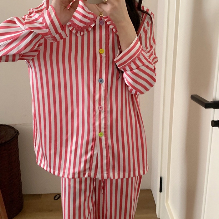 91家纺网 家纺一手货源 找家纺 （总）妍景家居生活馆 2025新款81861 韩系拼色条纹娃娃领套装